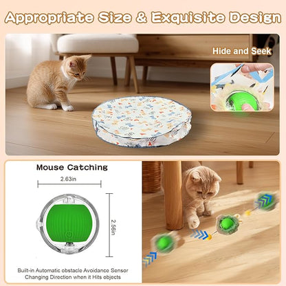 Rocfish Interactive Cat Toys Ball - Automatic Fast Rolling Ball in Play Mat, Hide and Seek Mouse Catching Game, Low-Noise Cat Enrichment Toys in Pouch for Indoor Bored Cats (Green Toy &amp; Round Mat)
