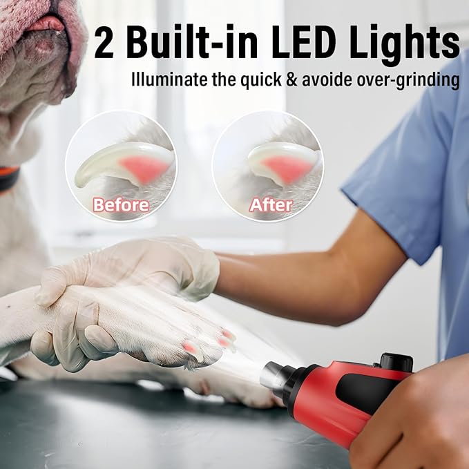 Casfuy Smart 6-Speed Dog Nail Grinder - 50% More Power Pet Nail Grinder with 2 LED Lights Quiet Rechargeable Electric Dog Nail Trimmers File Toenail Grinder for Large Medium Small Dogs &amp; Cats (Red)