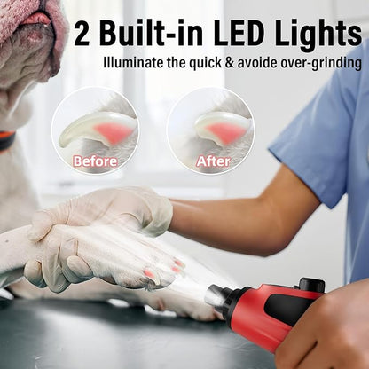 Casfuy Smart 6-Speed Dog Nail Grinder - 50% More Power Pet Nail Grinder with 2 LED Lights Quiet Rechargeable Electric Dog Nail Trimmers File Toenail Grinder for Large Medium Small Dogs &amp; Cats (Red)
