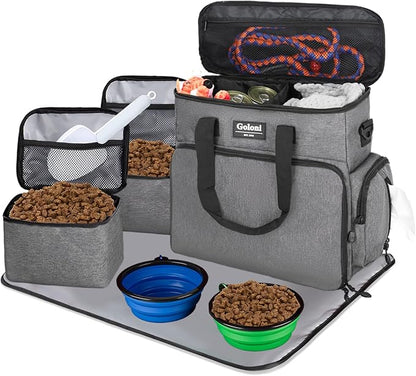 Dog Travel Bag Airline Approved–Pet Travel Tote with Collapsible Bowls,Food Containers &amp; Feeding Mat–Multi-Pocket Organizer for Dogs &amp; Cats, Durable &amp; Water-Resistant for Hiking,Trips,Outdoors