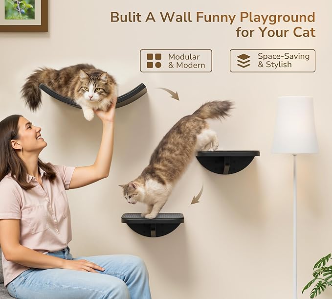 Grey Sisal-Padded Cat Wall Steps (2-Pack), Floating Wooden Cat Perch and Climbing Step Set, Wall Mounted Furniture for Jumping &amp; Play