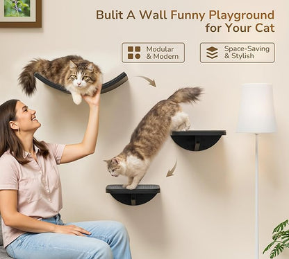 Grey Sisal-Padded Cat Wall Steps (2-Pack), Floating Wooden Cat Perch and Climbing Step Set, Wall Mounted Furniture for Jumping &amp; Play