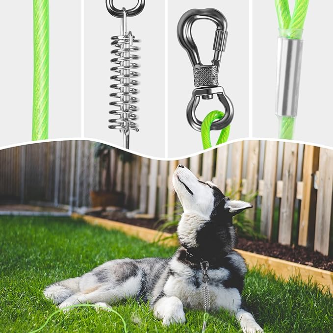 Tresbro 30 FT Dog Tie Out Cable with Spring, Shock Absorbing Tether Chains for Outside Aavilable in 10/15/20/25/30/40/50/70/100/120 FT, Heavy Duty Leads for Yard for Medium &amp; Large Dogs Up to 500 LBS