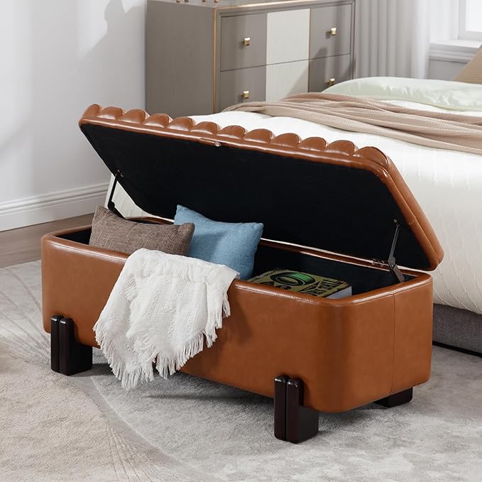 Kmax 45" Storage Bench PU Leather Entryway Bench Upholstered Ottoman Bench with Wavy Top &amp; Safty Hinge for Bedroom Living Room Hallway, Brown