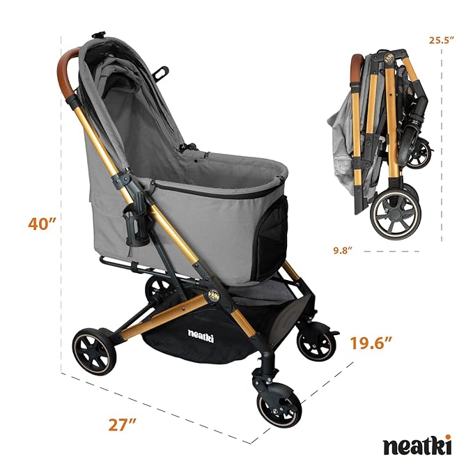 Foldable Pet Stroller for Dogs and Cats, 33 lbs Capacity, 360° Swivel Front Wheels, One-Click Fold, Brake System, Leash &amp; Lock Clips, Removable Washable Padding, and Cup Holder (Gray, 33 lbs)