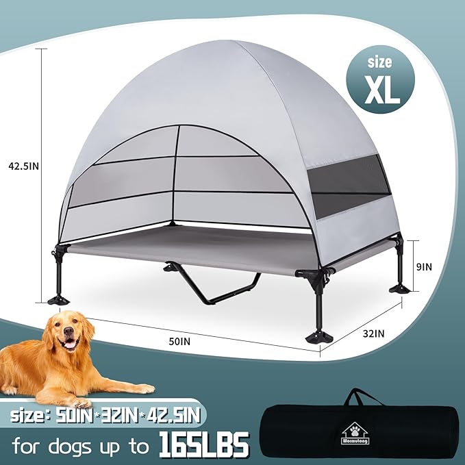 Elevated Outdoor Dog Bed with Canopy &amp; Adjustable Feet - Larger Shade for Camping, Backyard &amp; Patio