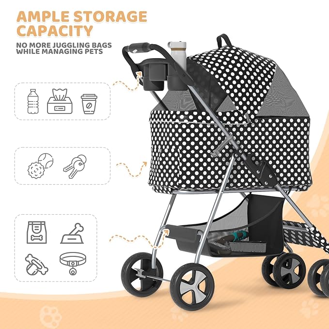 Magshion Foldable Pet Stroller, 3-in-1 Dog Travel Jogger with Detachable Carrier, Cup Holder, Storage Basket, Folding Carrier for Small/Medium Dogs &amp; Cats Up to 33 lbs, Black Polka Dots