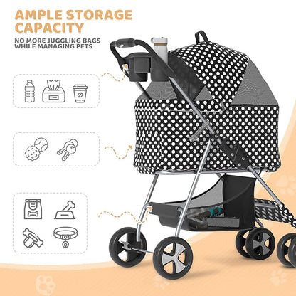 Magshion Foldable Pet Stroller, 3-in-1 Dog Travel Jogger with Detachable Carrier, Cup Holder, Storage Basket, Folding Carrier for Small/Medium Dogs &amp; Cats Up to 33 lbs, Black Polka Dots