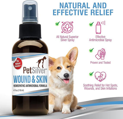 PetSilver Wound &amp; Skin Spray - Dog Wound Spray, Hot Spot, Allergy Relief for Dogs, Itch Spray for Cats - Natural Skin Soother - Chelated Silver, Superior to Colloidal Silver - Made in USA - 4 fl oz