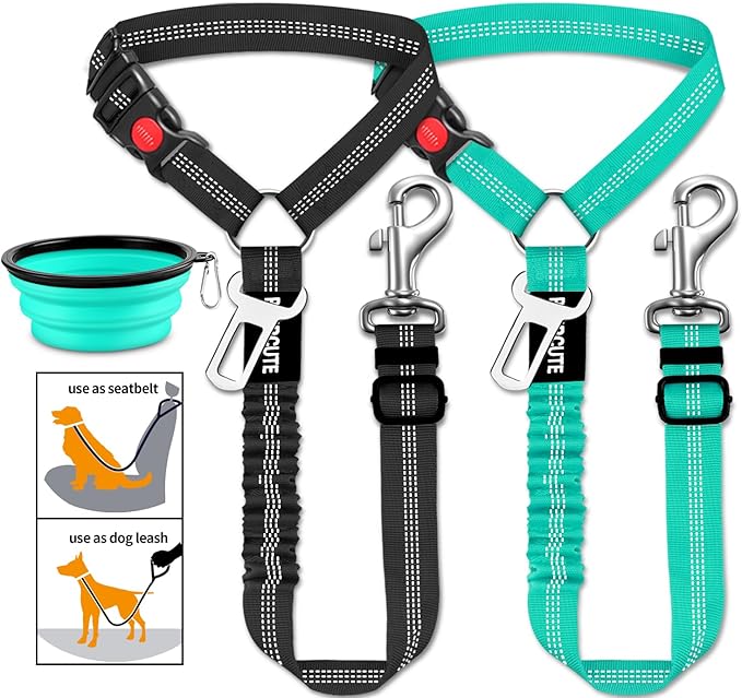 3 Piece Dog Car Seat Belt Set - Retractable Adjustable Pet Seatbelts for Vehicle Headrests - Heavy Duty, Elastic &amp; Durable Car Harness for Dogs