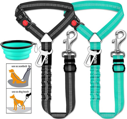 3 Piece Dog Car Seat Belt Set - Retractable Adjustable Pet Seatbelts for Vehicle Headrests - Heavy Duty, Elastic &amp; Durable Car Harness for Dogs