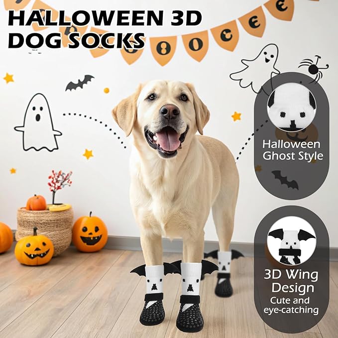 EXPAWLORER Halloween Anti Slip Dog Socks to Prevent Licking Paws, Boots &amp; Paw Protectors with Grippers,Doggie Booties for Hardwood Floors for Small Medium Large Senior Dogs Costume White Ghost Wings M