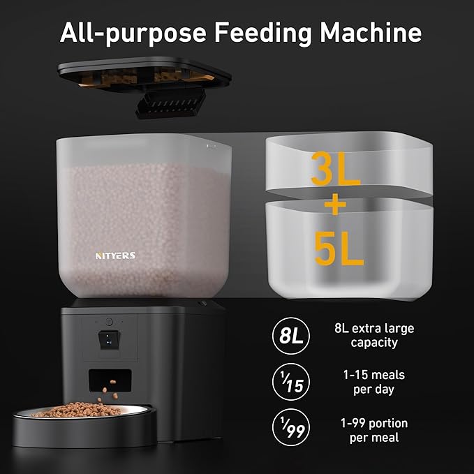 Automatic Dog &amp; Cat Feeder with Camera &amp; WiFi – 8L/34 Cups, 1080P Night Vision, 2.4 &amp; 5G WiFi, 2-Way Talk, 10s Voice Recording, Timed Food Dispenser, Up to 99 Portions, 15 Meals Per Day