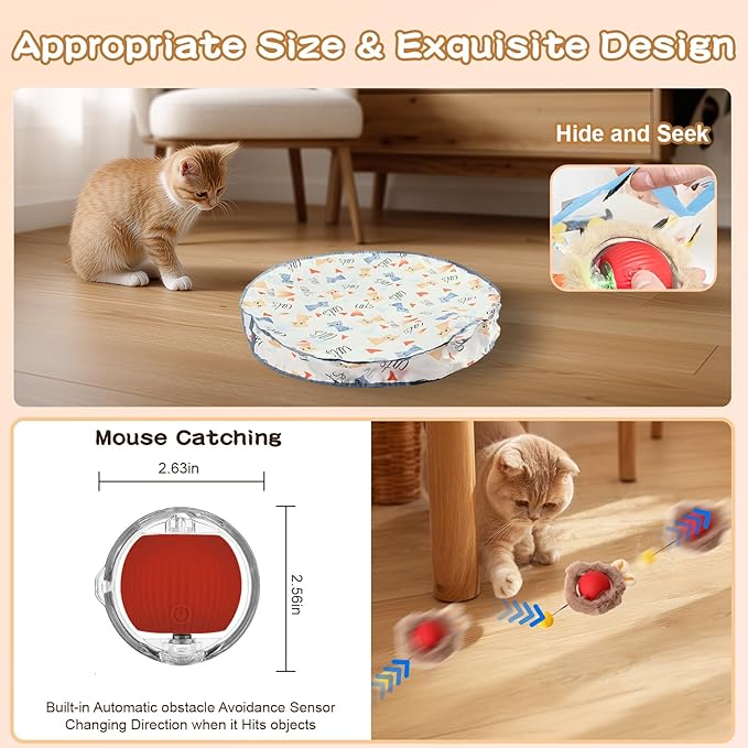 Rocfish Interactive Cat Toys Ball - Automatic Fast Rolling Ball in Play Mat, Hide and Seek Mouse Catching Game, Low-Noise Cat Enrichment Toys in Pouch for Indoor Bored Cats (Red Toy &amp; Round Mat)