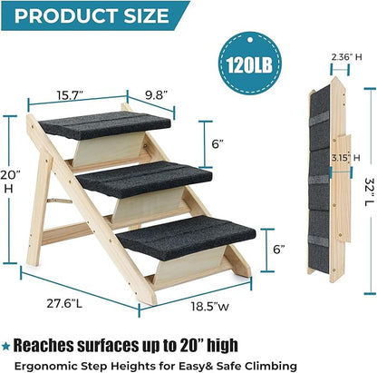 Wood Pet Stairs/Pet Steps for All Dogs and Cats - 2-in-1 Foldable Carpeted 3 Tiers Dog Stairs &amp; Ramp Perfect for Beds and Cars - Portable Dog/Cat Ladder Up to 120 Pounds