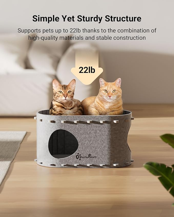 DownyPaws Cat House for Indoor Cats, Cat Bed Cave for Multiple &amp; Large Cats Up to 22 Lbs, Scratch Resistant, Foldable Peekaboo Kitten Caves Tunnel Enclosed Bed, PeekaPurr, Light Gray