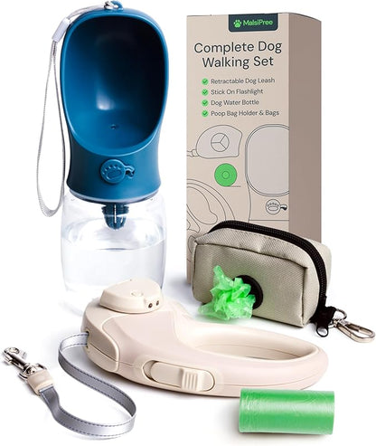 MalsiPree Walking Set with Retractable Dog Leash, Poop Bag Holder, Leak Proof 12 Oz Dog Water Bottle, Flashlight &amp; 20 Poop Bags - 9.8ft Leash Retractable for Small to Medium Pet (Sand &amp; Teal, 12 Oz)