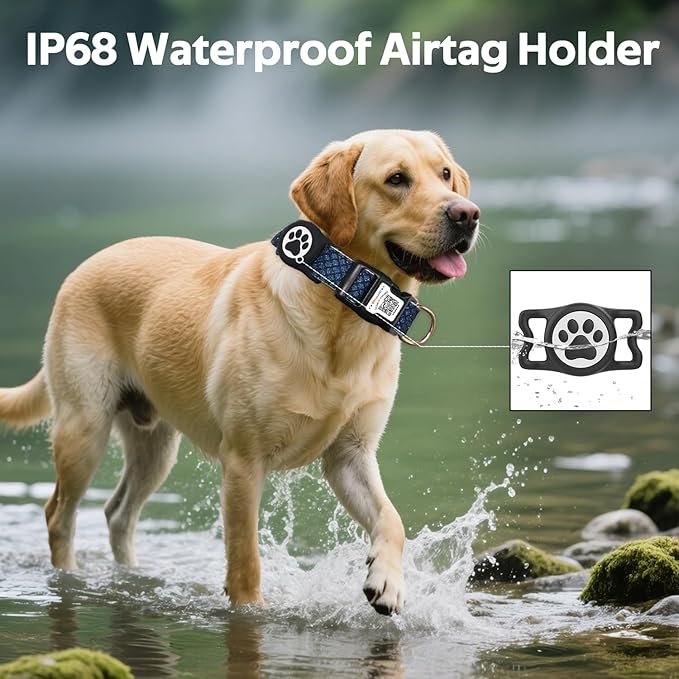 Dog Collar with Waterproof AirTag Holder &amp; Anti-Lost QR Code, Cute Bling Warpping Adjustable Width for Small Medium Large Pet (Blue, L)