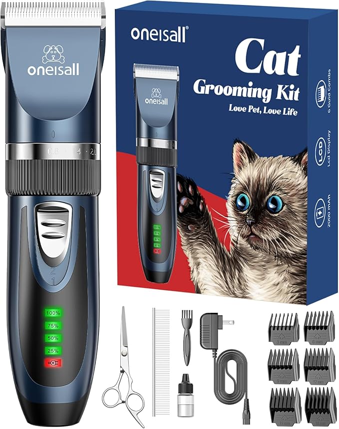 oneisall Quiet Cat Clippers for Matted &amp; Long Hair, 2-Speed Cordless Pet Shaver Grooming Kit for Cats, Small Dogs &amp; Animals (Blue)