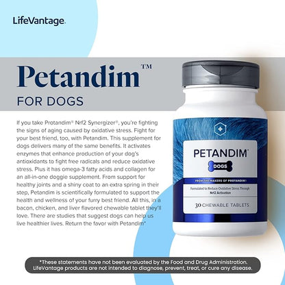 Petandim Dog Vitamins (30 Chewable Tablets), Antioxidants Reduce Oxidative Stress, Joint Supplement for Dogs, Skin and Coat Supplement, Omega-3 &amp; Collagen for Dogs, Chicken + Bacon Flavor