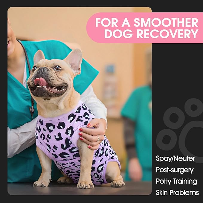 FUAMEY Recovery Suit for Dogs After Surgery,Soft Breathable Dog Bodysuit E-Collar &amp; Cone Alternative Surgical Suit,Male Female Dog Neuter Spay Suits Anti Licking Wounds Onesie Purple Leopard XS