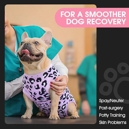 FUAMEY Recovery Suit for Dogs After Surgery,Soft Breathable Dog Bodysuit E-Collar &amp; Cone Alternative Surgical Suit,Male Female Dog Neuter Spay Suits Anti Licking Wounds Onesie Purple Leopard M