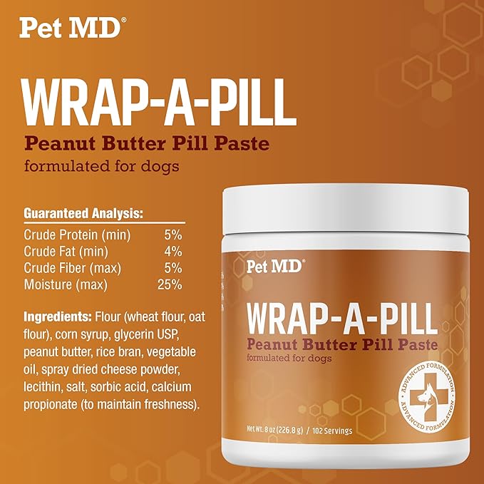 Pet MD Wrap A Pill Peanut Butter Flavor Pill Paste for Dogs - Make a Pocket or Pouch to Hide Pills &amp; Medication - 8 oz