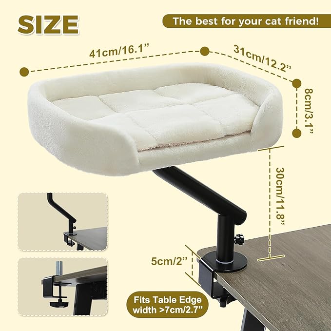 PAWZ Road Cat Desk Bed for Indoor Cats, Cat Bed for Desk Supports Up to 50 lbs, 360° Rotation &amp; Adjustable, Nest Desktop Attachment Cats Hammock for Table, White