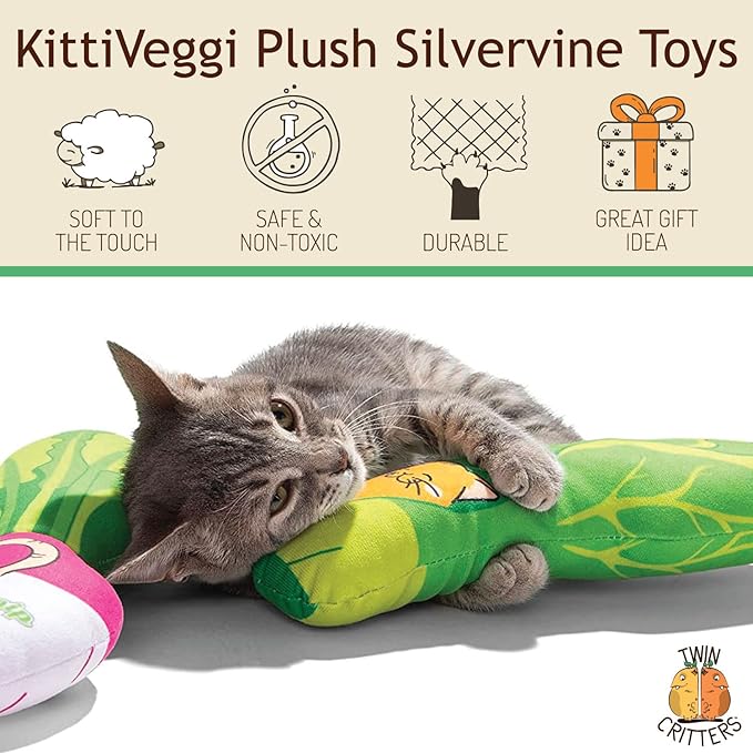KittiVeggi 2-Pack Organic Silvervine Catnip Substitute Toys for Cats &amp; Kittens | 100% All-Natural Wild Harvested Silvervine | 2 Refillable Vegetable Kicker Cat Toys