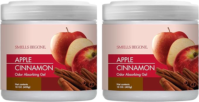 SMELLS BEGONE Air Freshener Odor Absorber Gel - 15 oz, Pack of 2 - Absorbs and Eliminates Odor in Pet Areas, Bathrooms, Cars, &amp; Boats - Made with Essential Oils - Apple Cinnamon Scent