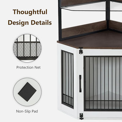MCombo Small Corner Dog Crate Furniture with Glass Shelves, Wooden Dog Kennel Furniture with Door, Pet Crate Indoor Use, CN17 (White and Brown)