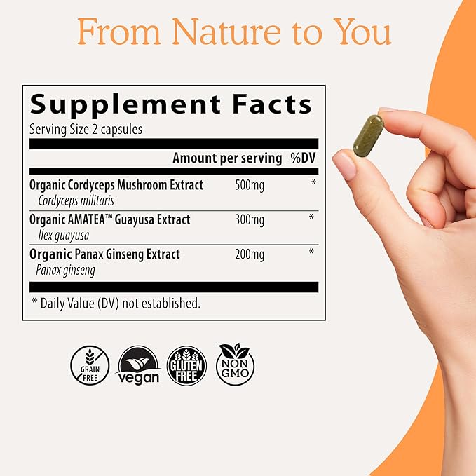 Real Mushrooms RealBoost Capsules – Cordyceps Mushroom, Panax Ginseng &amp; Guayusa Extract – for Overall Wellness &amp; Energy Support – Vegan, Non-GMO, No Fillers – 60 Count Mushroom Supplement Blend