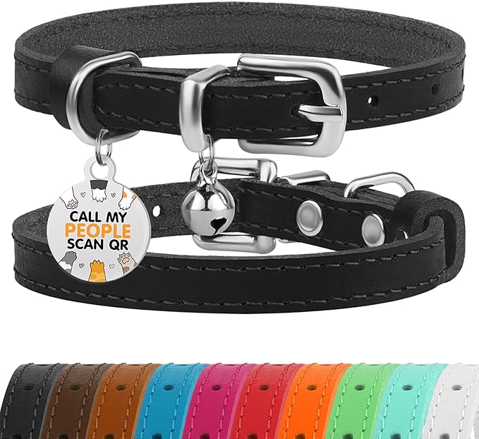 BRONZEDOG Leather Cat Collar with Removable Bells Non Breakaway Kitten QR Tag for Girl Boy (7" - 9" for Cats, Black &amp; Silver)