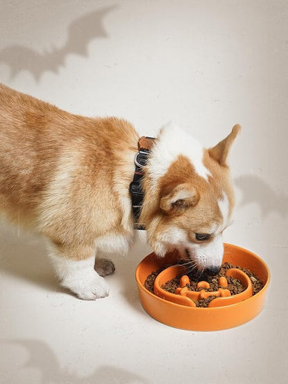 LE TAUCI Ceramic Puzzle Feeder Bowl Raised 1.5 Cup with Wood Stand for Small Medium Dog &amp; Puppy, Fast Eating Food Dish,Pumpkin Orange