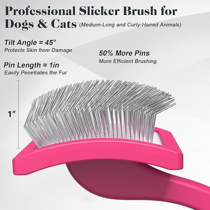 2PCS Slicker Brush for Dogs &amp; Pet Comb,Professional Dog Grooming Brush (Goldendoodles,Poodles,Labradoodles) with Extra Long Pins to Effectively Remove Tangles, Knots and Mats (Pink)