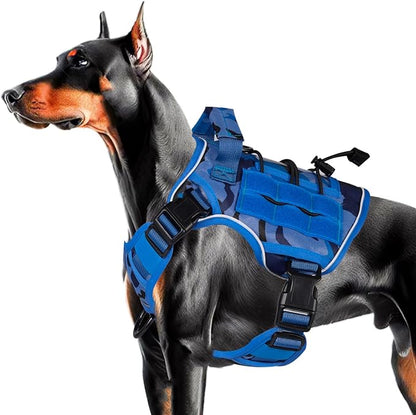 Heavy-Duty Tactical Dog Harness for Large Dogs, No Pull Adjustable Reflective Pet Vest with Molle System, K9 Military-Grade Control for Service Training, Outdoor &amp; 10+ Breeds, Blue Camo, Medium