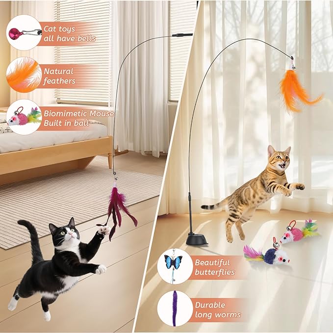 Suction Cup Cat Toys,Interactive Cat Wand with 15Pcs (Feather, Mouse, Butterfly, Worm),Durable Cats Fishing Pole Toy for Indoor Kittens,Fun Stick Toy for Exercise&amp;Play