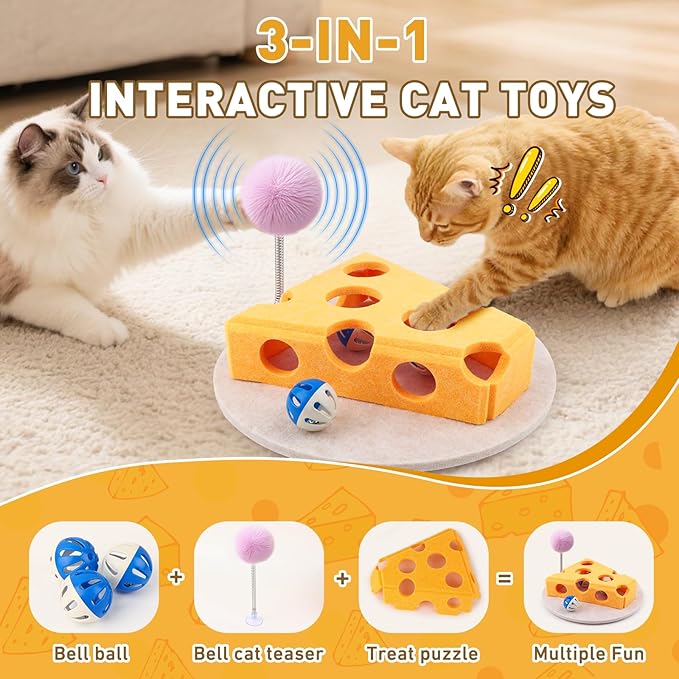 Interactive Cat Puzzle Toy for Indoor Cats &amp; Kittens - Fun Track Balls &amp; Spring Teaser in Stimulating Felt Puzzle Box (Yellow) - Mental Enrichment Game