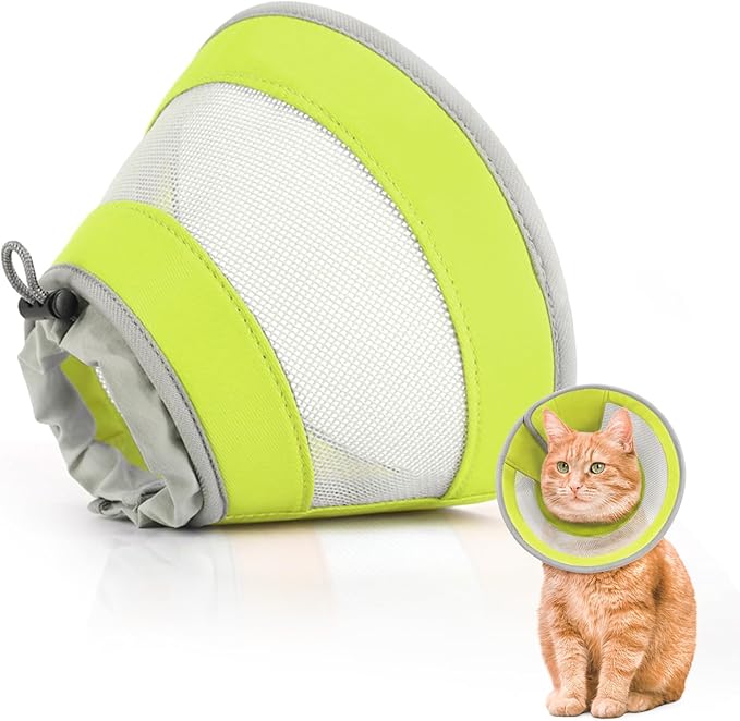 Breathable Air Mesh Cat Cone Collar Soft - Adjustable Recovery Collar to Stop Licking After Surgery, Foldable Lightweight E-Collar for Cats &amp; Kittens (Green,S)