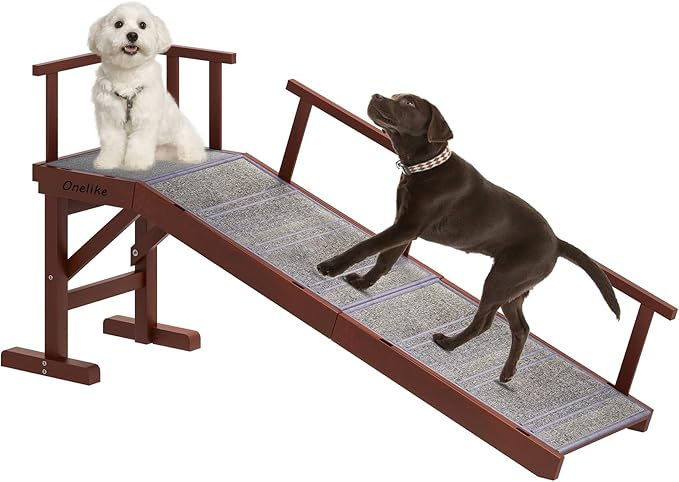 Onelike Wooden Dog Ramp for Bed with Removable Side Rail and Non-Slip Carpet, Stable Pet Ramp Stair for Couch Sofa for Small &amp; Large &amp; Senior Dogs, 60" Long Ramp Brown