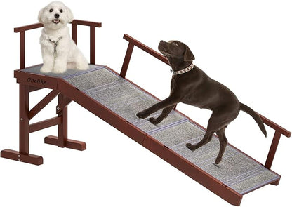 Onelike Wooden Dog Ramp for Bed with Removable Side Rail and Non-Slip Carpet, Stable Pet Ramp Stair for Couch Sofa for Small &amp; Large &amp; Senior Dogs, 60" Long Ramp Brown