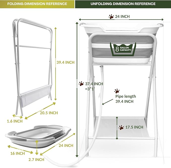 CYGNE 2-in-1 Dog Bathtub &amp; Washing Station, Elevated Collapsible Bathtub with Drainhole &amp; Storage Rack, Foldable Portable Indoor/Outdoor Pet Bathing &amp; Grooming for Small Dogs Cats