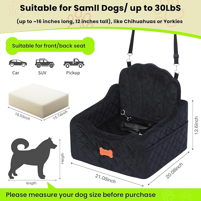 Dog Car Seat for Small Dogs Under 30lbs, Detachable Washable Pet Booster Seat with Safety Belt &amp; Storage Pockets, Travel Car Bed, Black