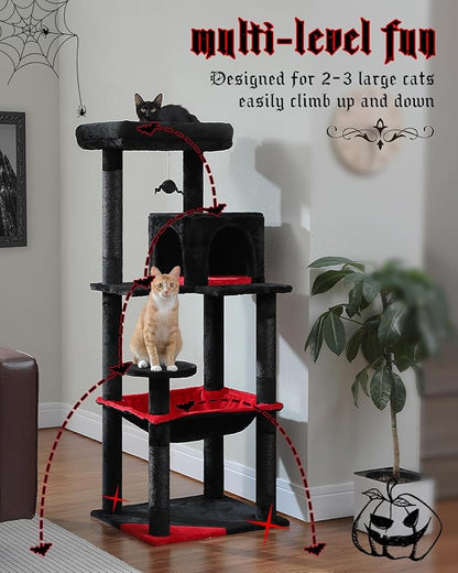 Gothic Cat Tree with Super Large Hammock, 56.3" Black Cat Tower with Coffin Bed, Cat Condo, Sisal Scratching Posts &amp; Top Perch, Multi-Level Goth Cat Tree, Halloween, Black