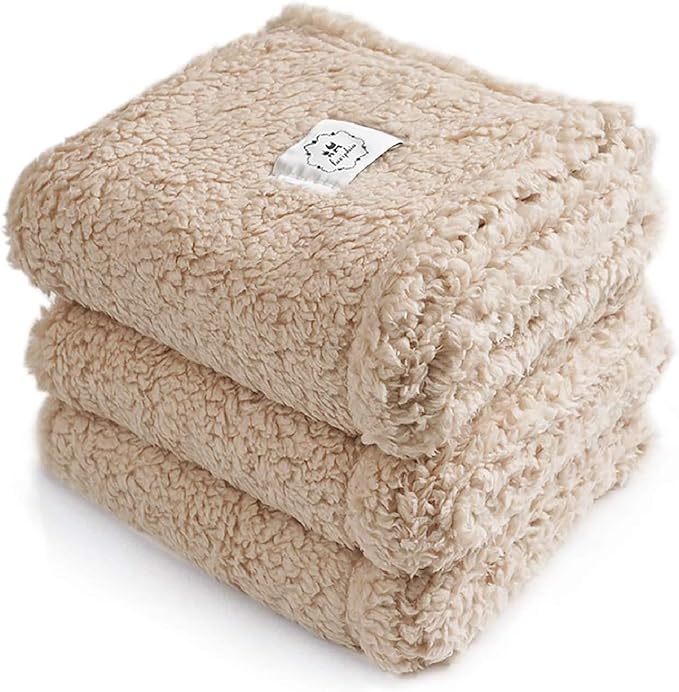 1 Pack 3 Calming Blankets Fluffy Premium Fleece Pet Blanket Soft Sherpa Throw for Dog Puppy Cat Beige Small (23" x16&