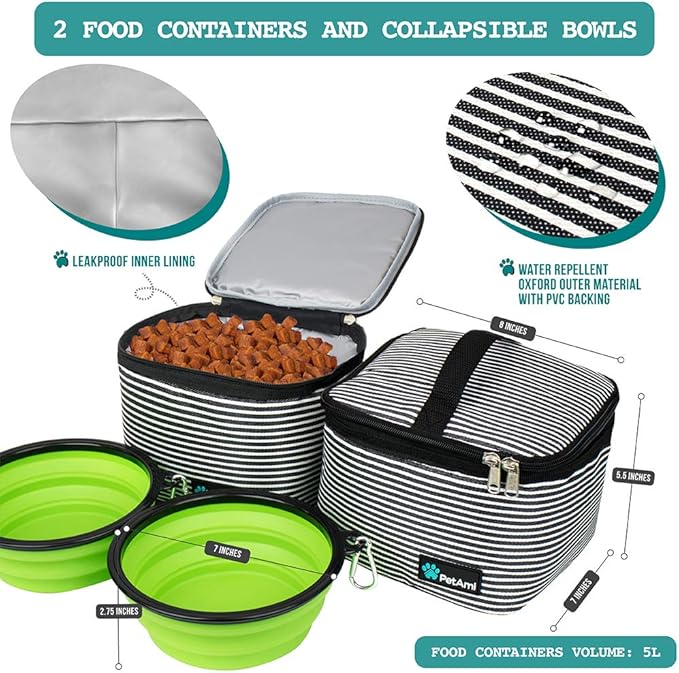 PetAmi Dog Travel Bag - Organizer with Food Container, Bowls &amp; Accessories for Weekend Camping, Cat Diaper Bag (Stripe Black, Large)