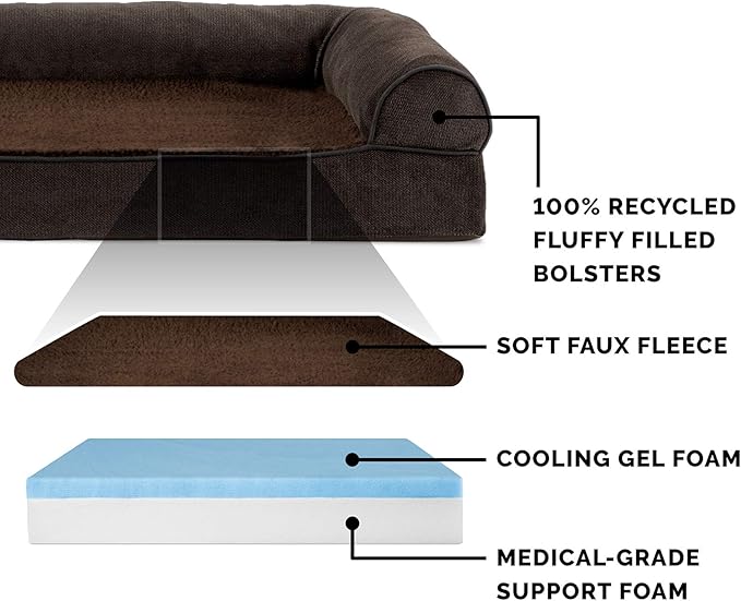 Furhaven Cooling Gel Dog Bed for Large Dogs w/ Removable Bolsters &amp; Washable Cover, For Dogs Up to 95 lbs - Sherpa &amp; Chenille Sofa - Coffee, Jumbo/XL