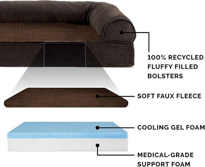 Furhaven Cooling Gel Dog Bed for Large Dogs w/ Removable Bolsters &amp; Washable Cover, For Dogs Up to 95 lbs - Sherpa &amp; Chenille Sofa - Coffee, Jumbo/XL