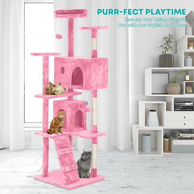 FDW Cat Tree 70in Cat Tower Multi-Level Durable Cat Scratching Post &amp; Cozy Fun Cat Jumping Platform Space Saving Cat Condo Pet Play House for Indoor Cats,Pink