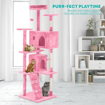 FDW Cat Tree 70in Cat Tower Multi-Level Durable Cat Scratching Post &amp; Cozy Fun Cat Jumping Platform Space Saving Cat Condo Pet Play House for Indoor Cats,Pink